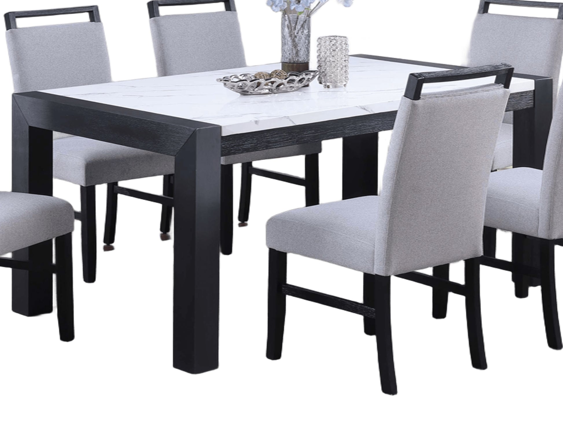 Elegant White Faux Marble Dining Table - Charcoal Legs