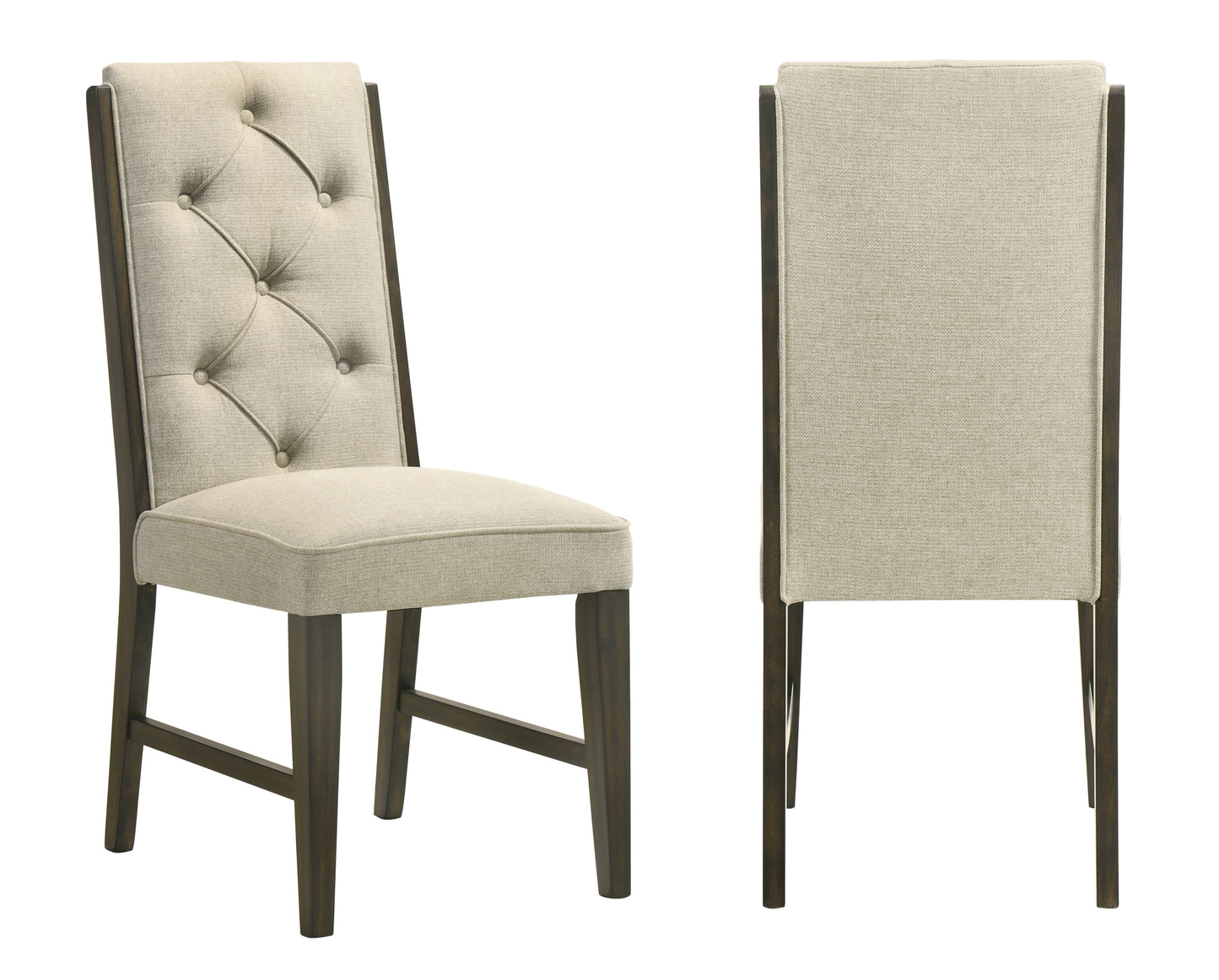 2pc Upholstered Chairs Elegant Tufted Detailing Plush Comfort Espresso Wood Frame Beige Upholstery Dining Room Wooden Furniture