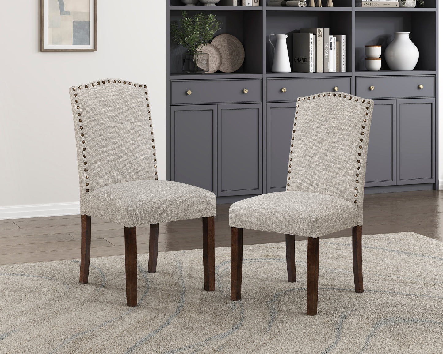 Modern Classic Side Chairs Set of 2, Taupe Fabric Upholstery Seat Back Nailhead Trim Dining Furniture