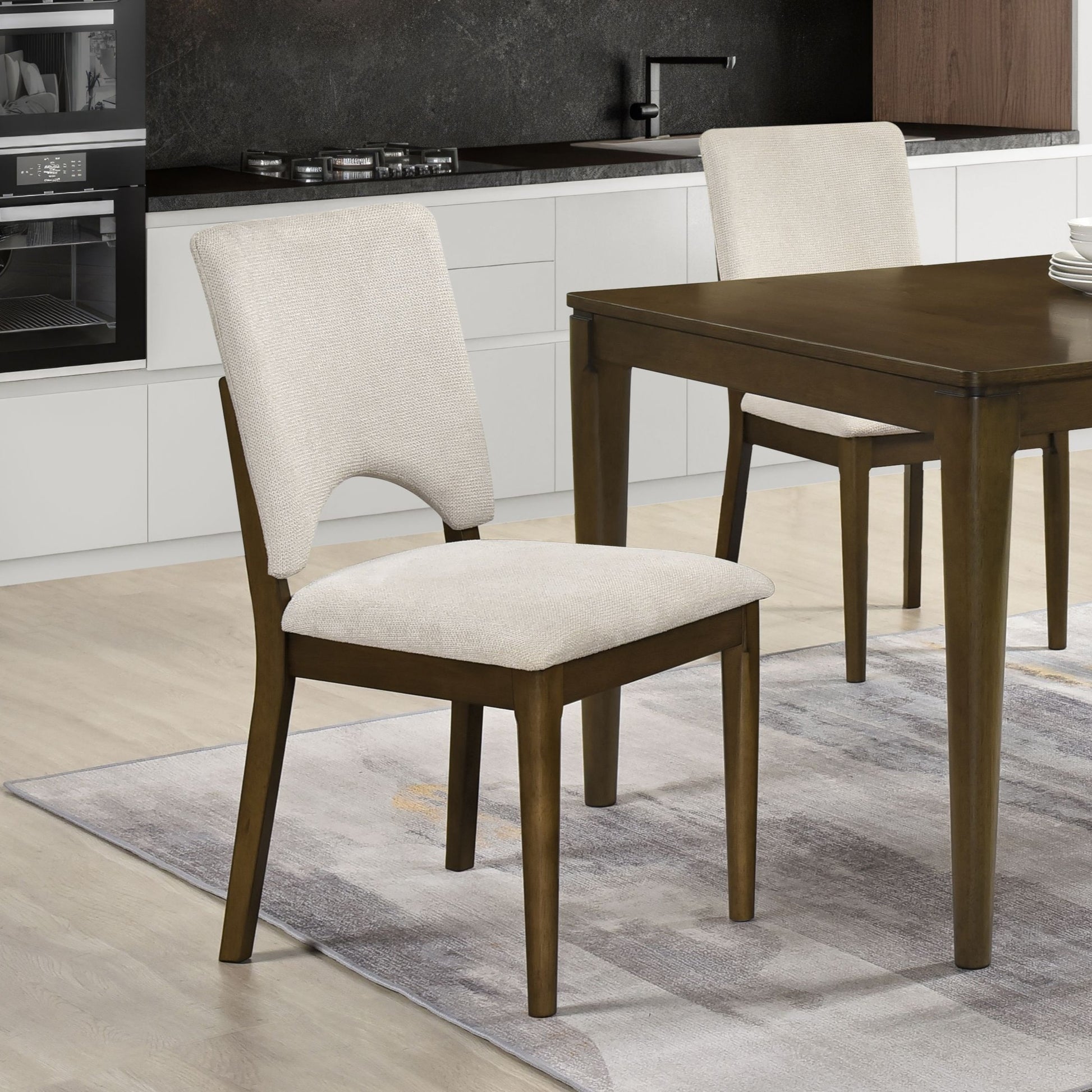 Modern Dining Chairs 2pc Set Upholstered Light Beige Fabric Comfort Back Dining Furniture,
