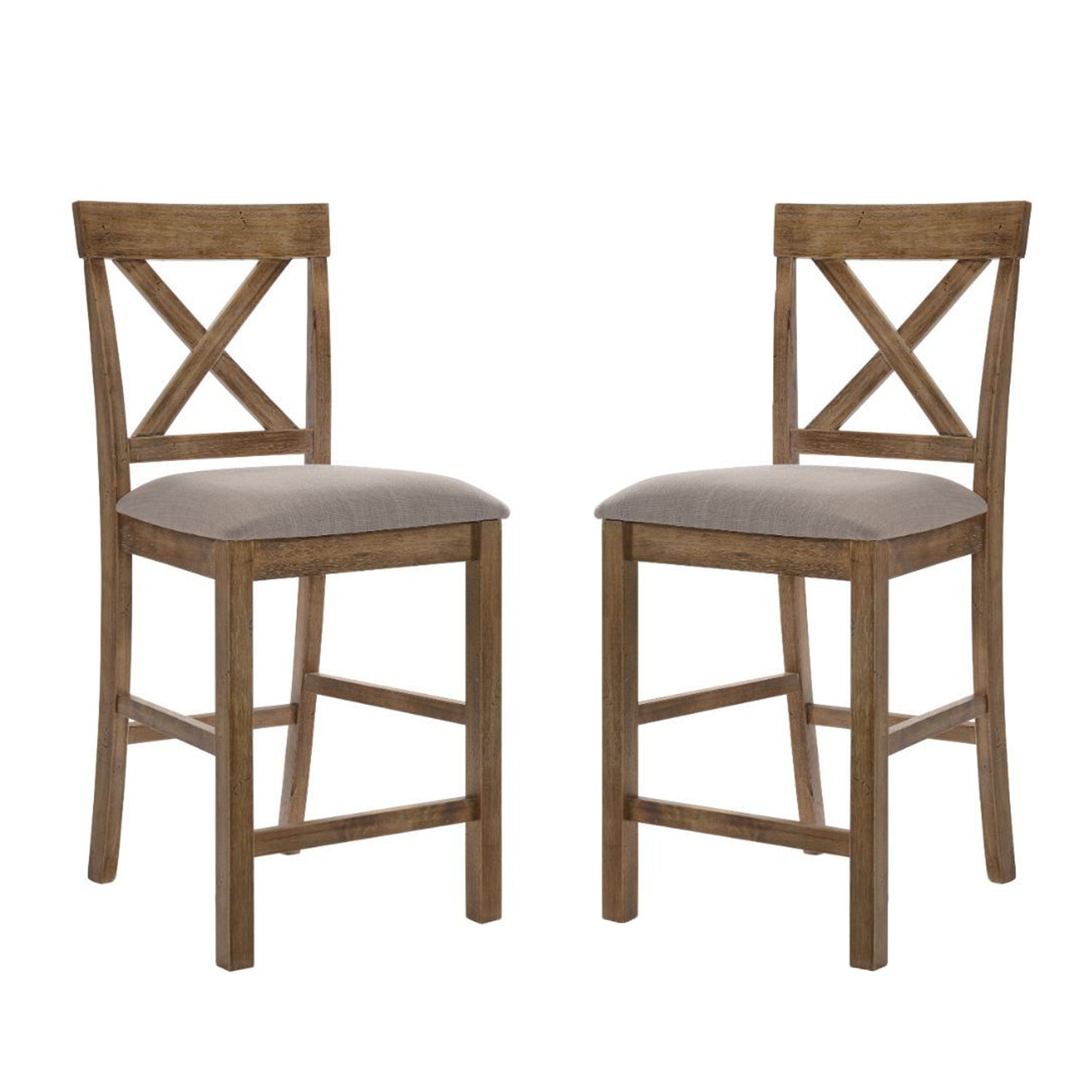Set of 2 Linen Upholstered Counter Height Chairs, Tan and Weathered Oak