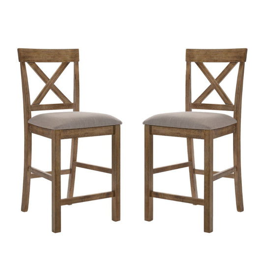 Set of 2 Linen Upholstered Counter Height Chairs, Tan and Weathered Oak