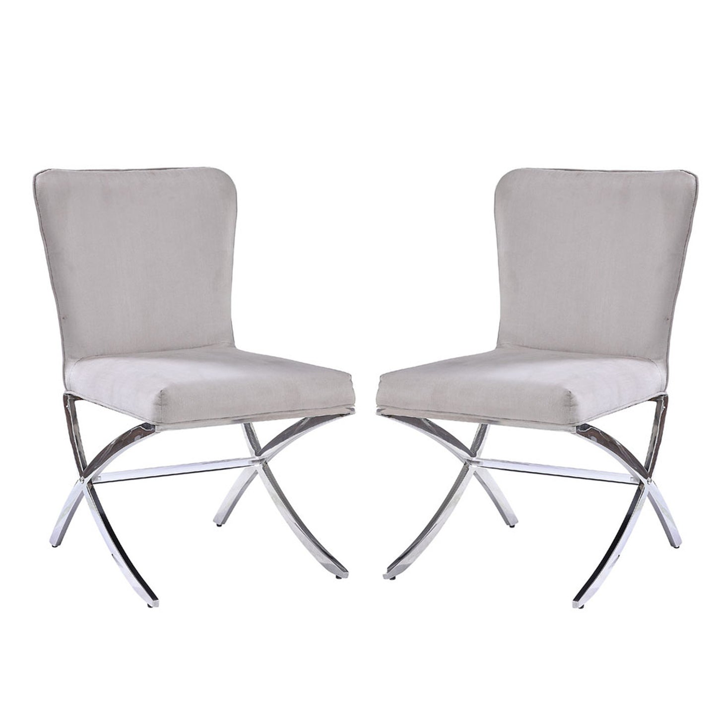 Set of 2 Side Chairs with Velvet Padded Seat and Back, Grey and Chrome