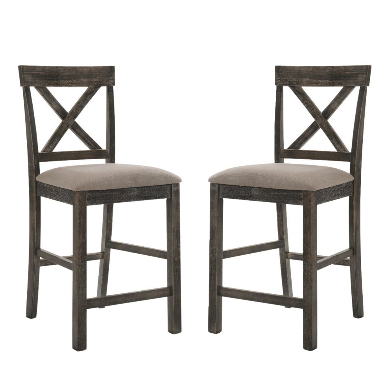 Set of 2 Counter Height Chairs with Linen Padded Seat, Tan and Weathered Gray