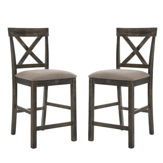 Set of 2 Counter Height Chairs with Linen Padded Seat, Tan and Weathered Gray