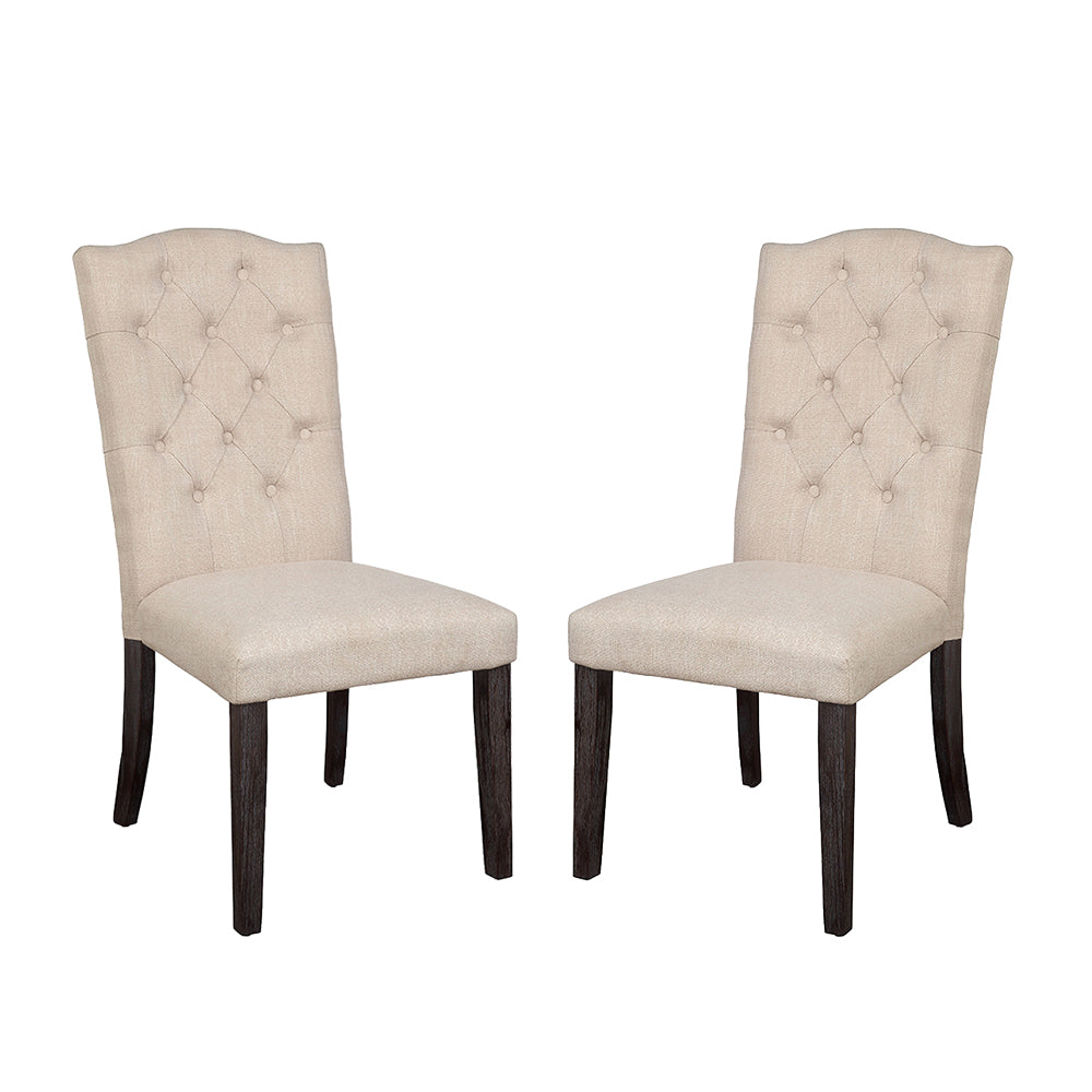 Set of 2 Linen Upholstered Dining Chairs with Tufted Back, Beige and Weathered Espresso