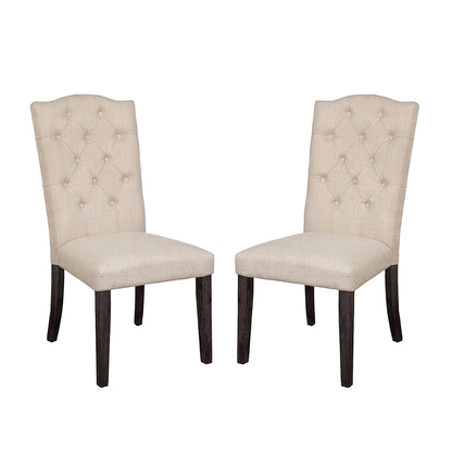 Set of 2 Linen Upholstered Dining Chairs with Tufted Back, Beige and Weathered Espresso