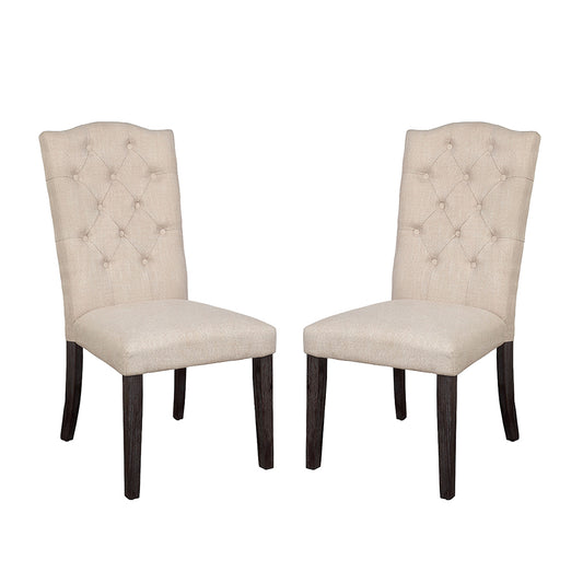 Set of 2 Linen Upholstered Dining Chairs with Tufted Back, Beige and Weathered Espresso