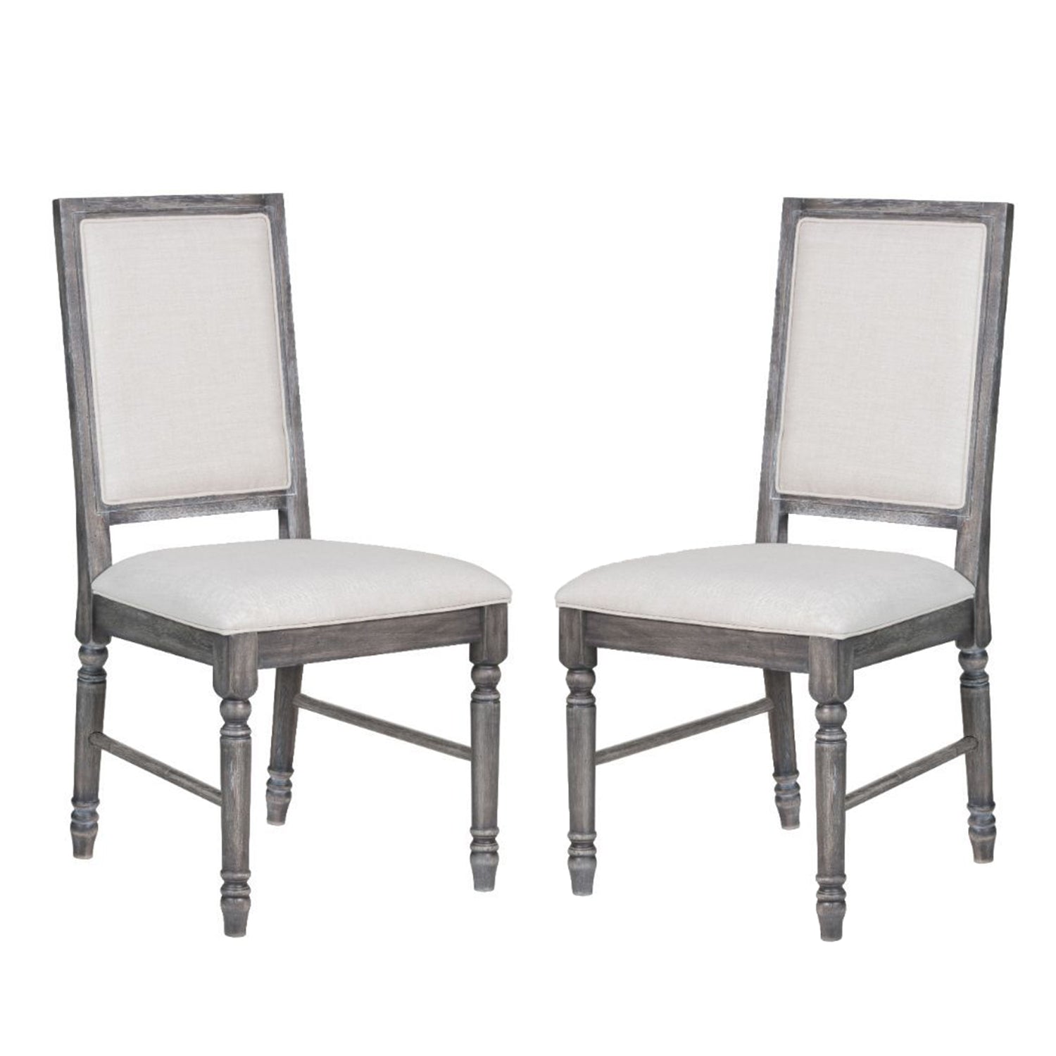 Set of 2 Linen Upholstered Dining Chairs, Cream and Weathered Gray
