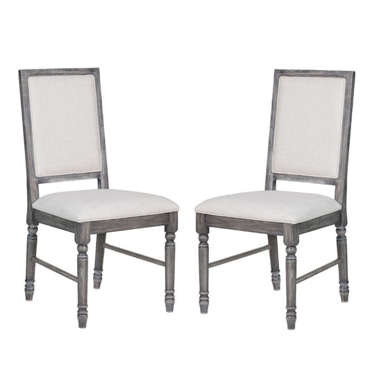 Set of 2 Linen Upholstered Dining Chairs, Cream and Weathered Gray