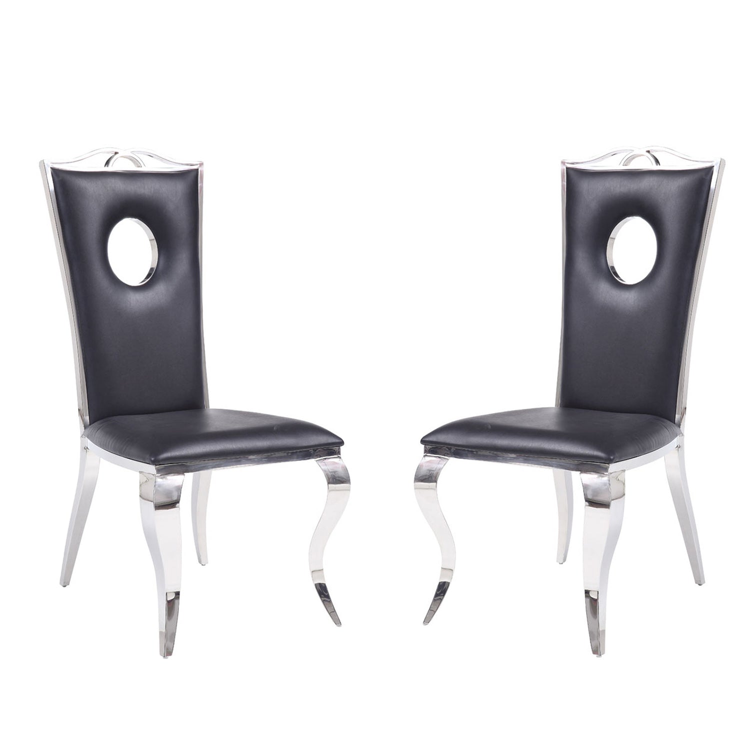 Set of 2 Side Chairs with PU Padded Seat and Back, Black and Chrome