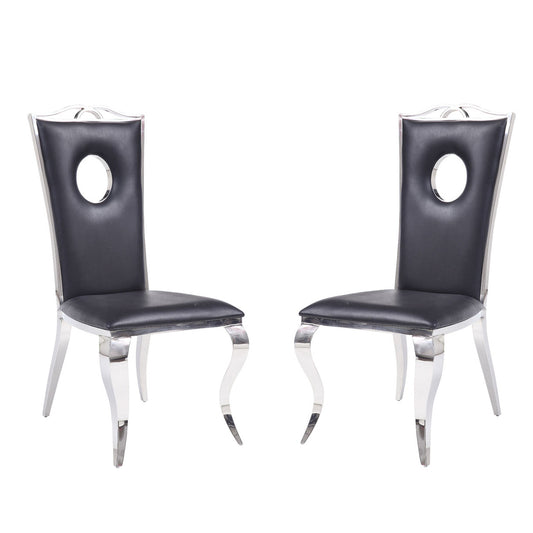 Set of 2 Side Chairs with PU Padded Seat and Back, Black and Chrome