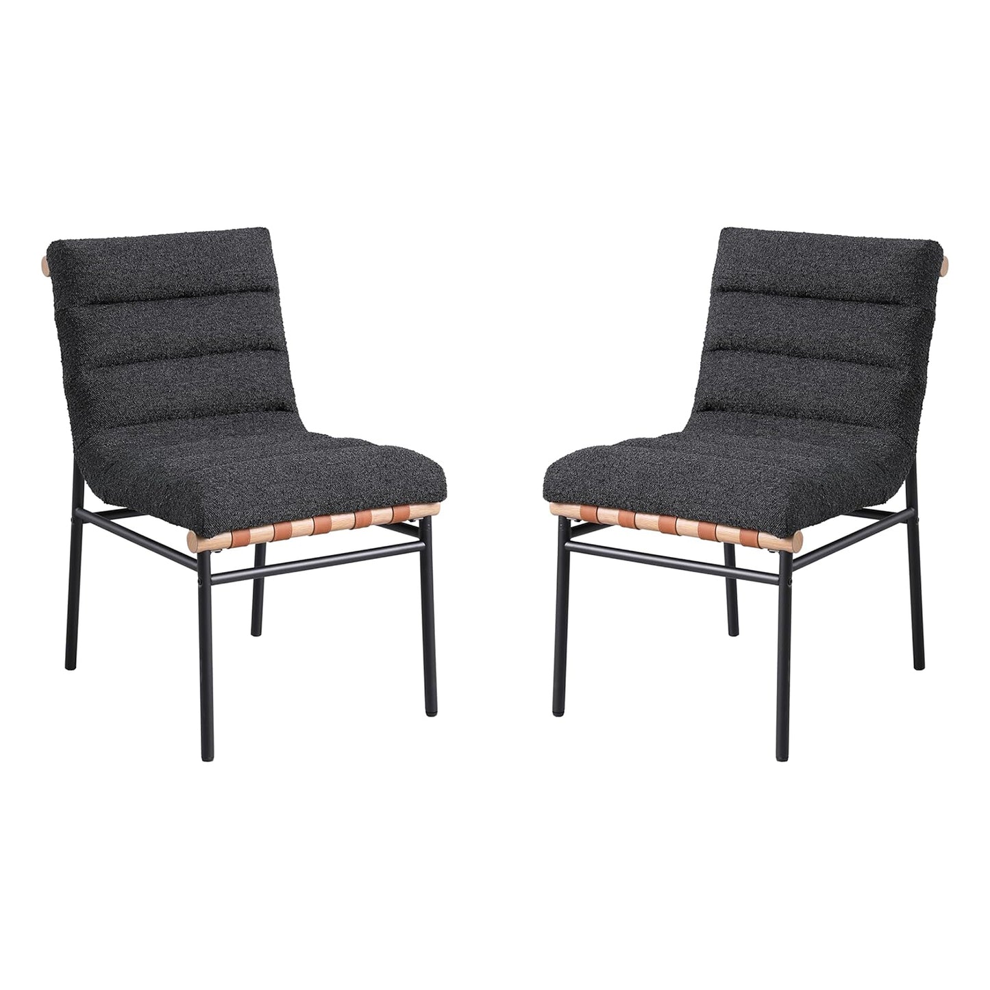 Set of 2 Black Boucle Fabric Upholstered Dining Chairs with Black Iron Legs