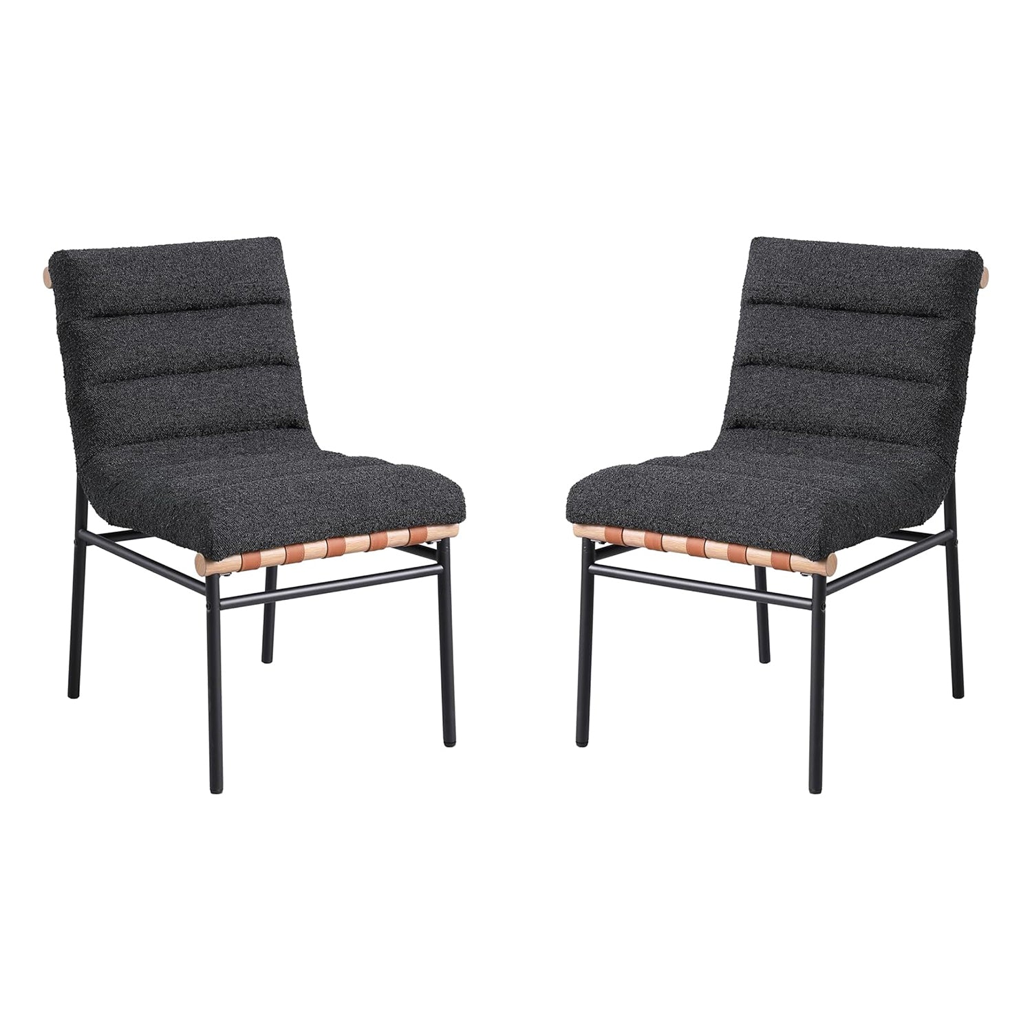 Set of 2 Black Boucle Fabric Upholstered Dining Chairs with Black Iron Legs
