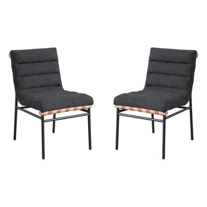 Set of 2 Black Boucle Fabric Upholstered Dining Chairs with Black Iron Legs