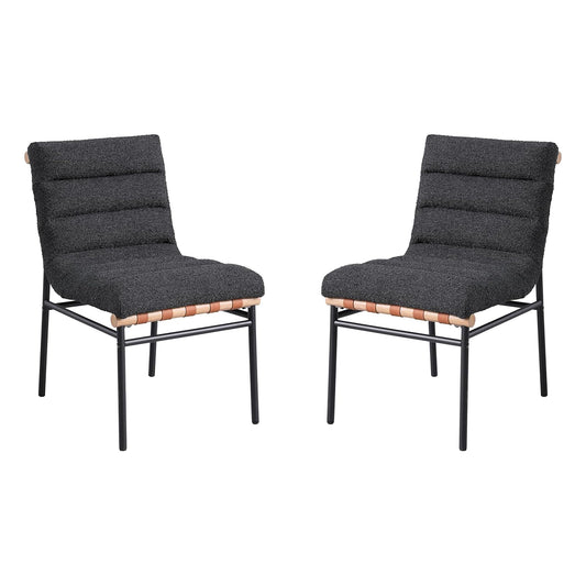 Set of 2 Black Boucle Fabric Upholstered Dining Chairs with Black Iron Legs