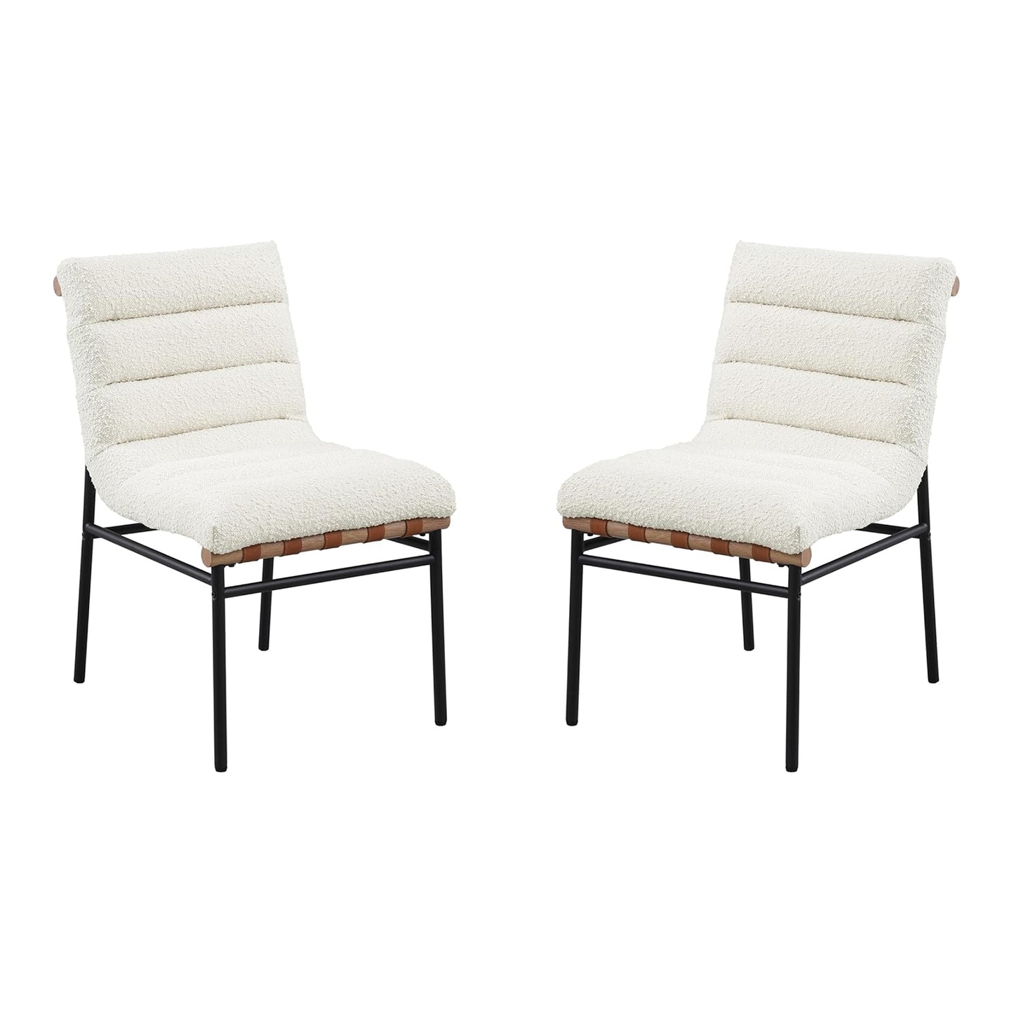 Set of 2 White Boucle Fabric Upholstered Dining Chairs with Black Iron Legs