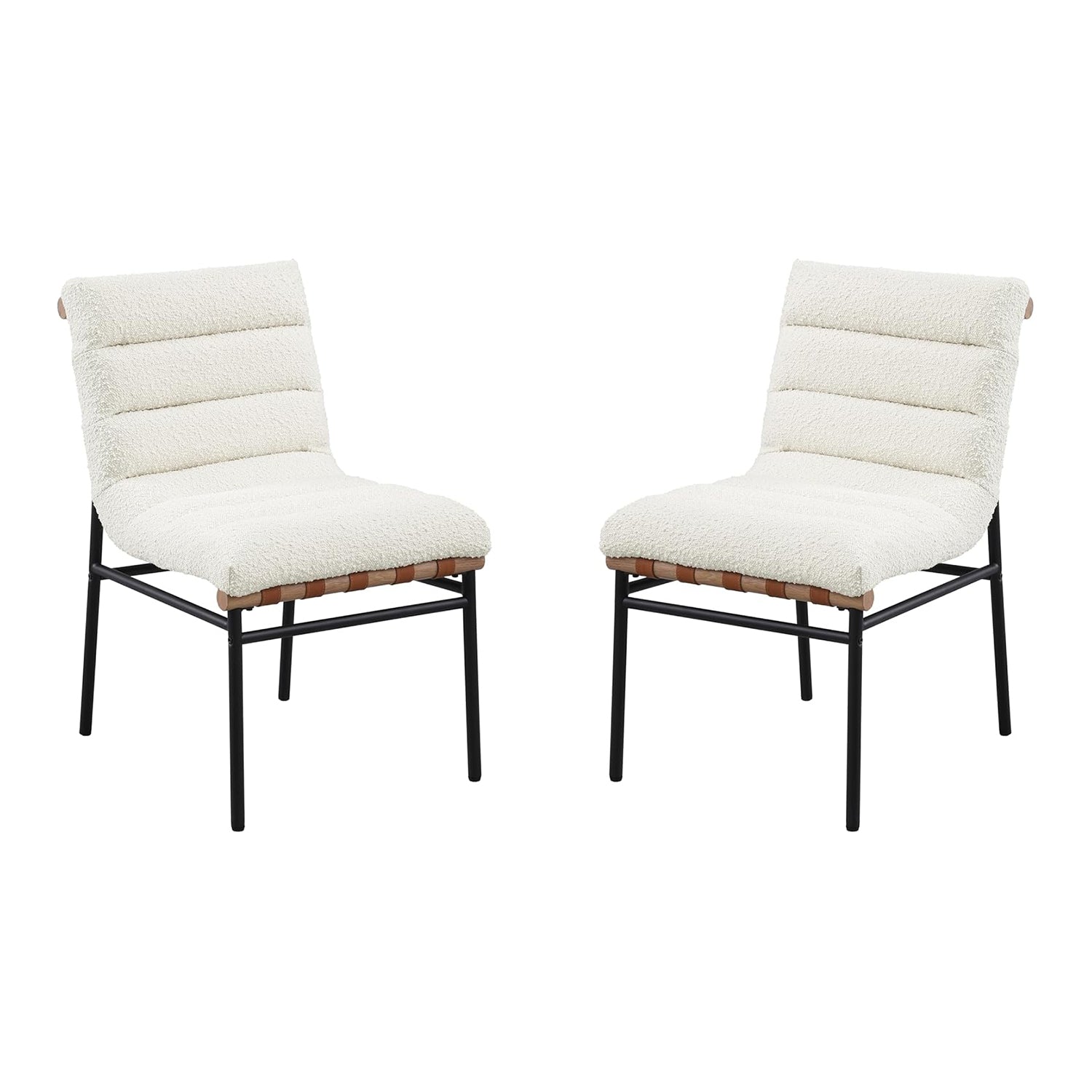 Set of 2 White Boucle Fabric Upholstered Dining Chairs with Black Iron Legs