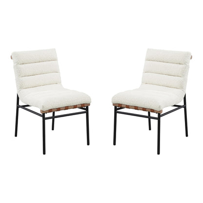 Set of 2 White Boucle Fabric Upholstered Dining Chairs with Black Iron Legs