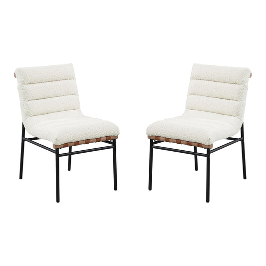 Set of 2 White Boucle Fabric Upholstered Dining Chairs with Black Iron Legs