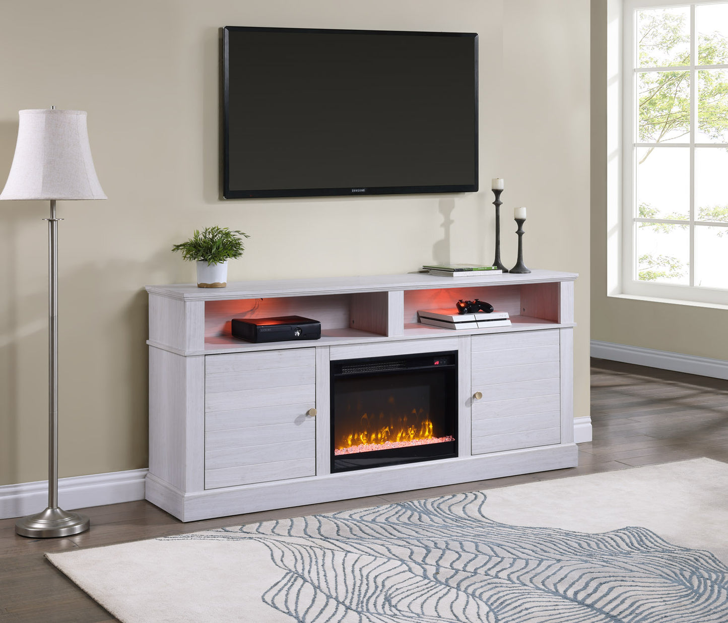 70 Inch TV Stand White Walnut Fireplace Console