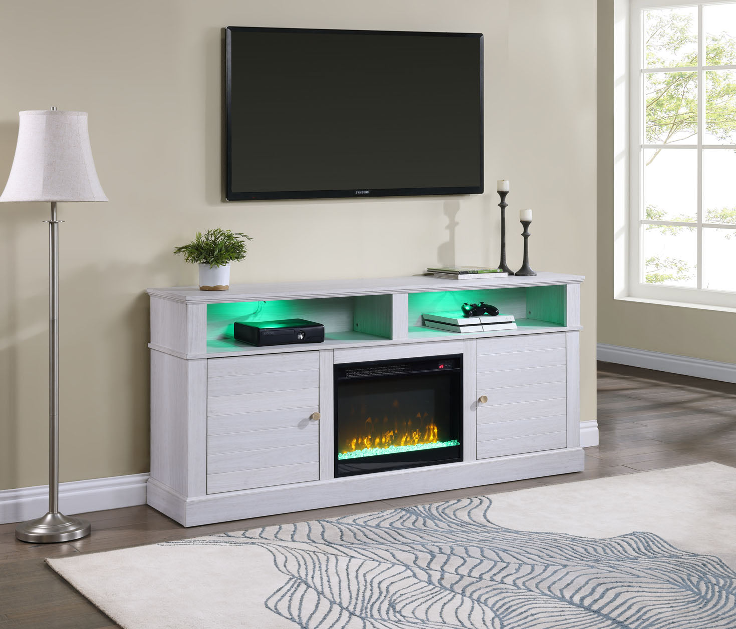 70 Inch TV Stand White Walnut Fireplace Console