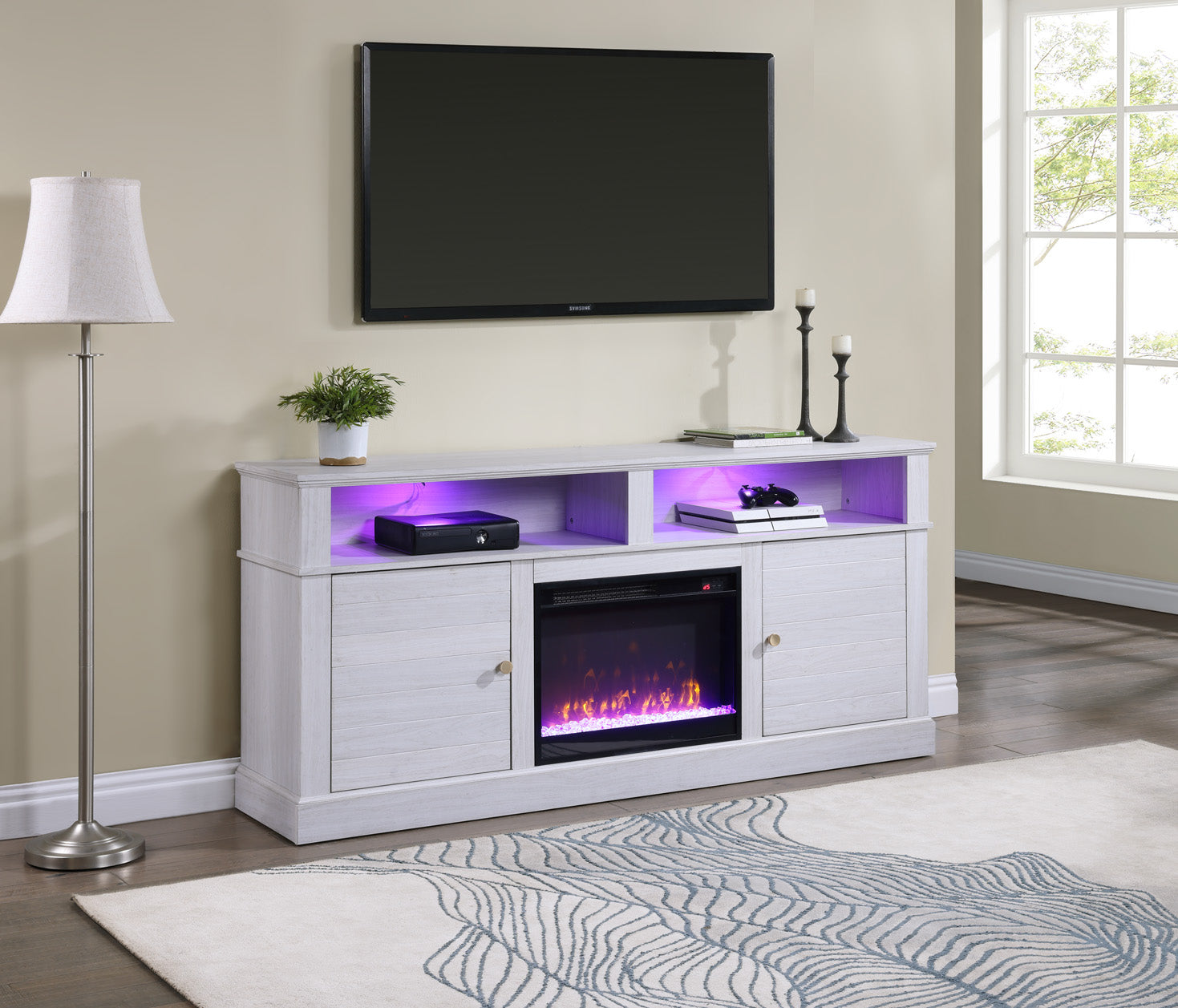 70 Inch TV Stand White Walnut Fireplace Console