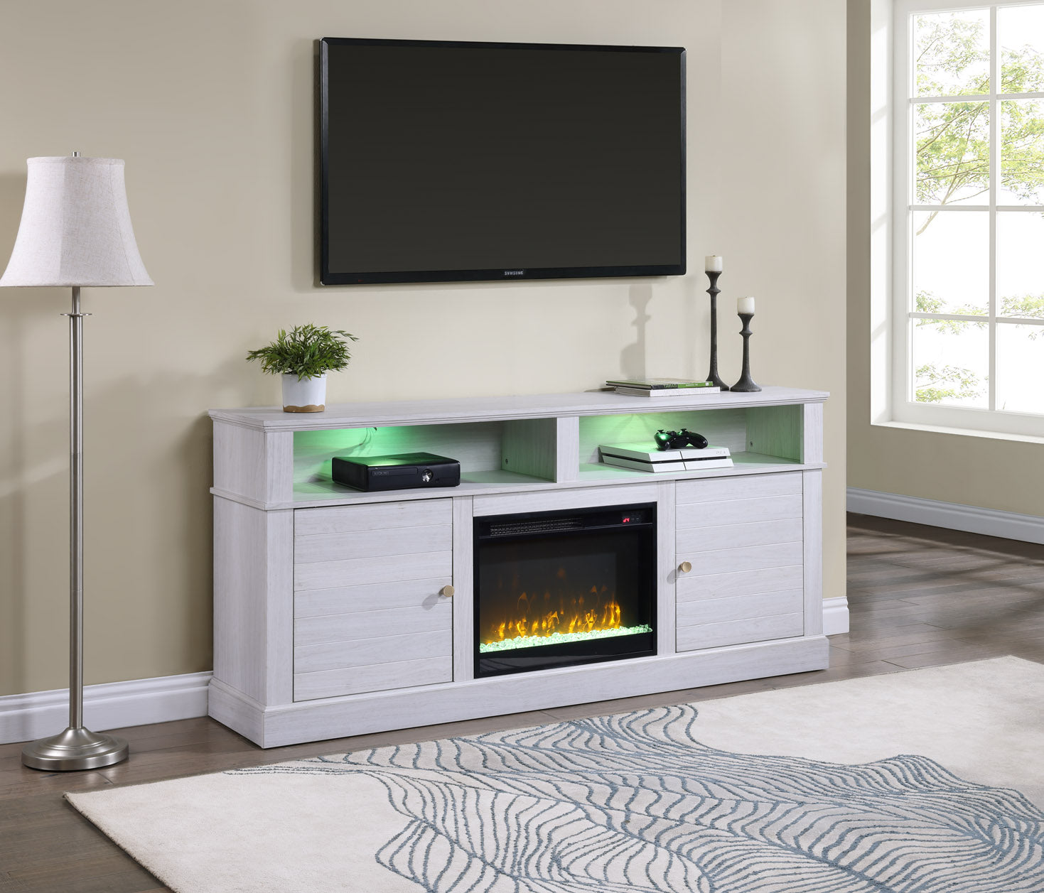 70 Inch TV Stand White Walnut Fireplace Console