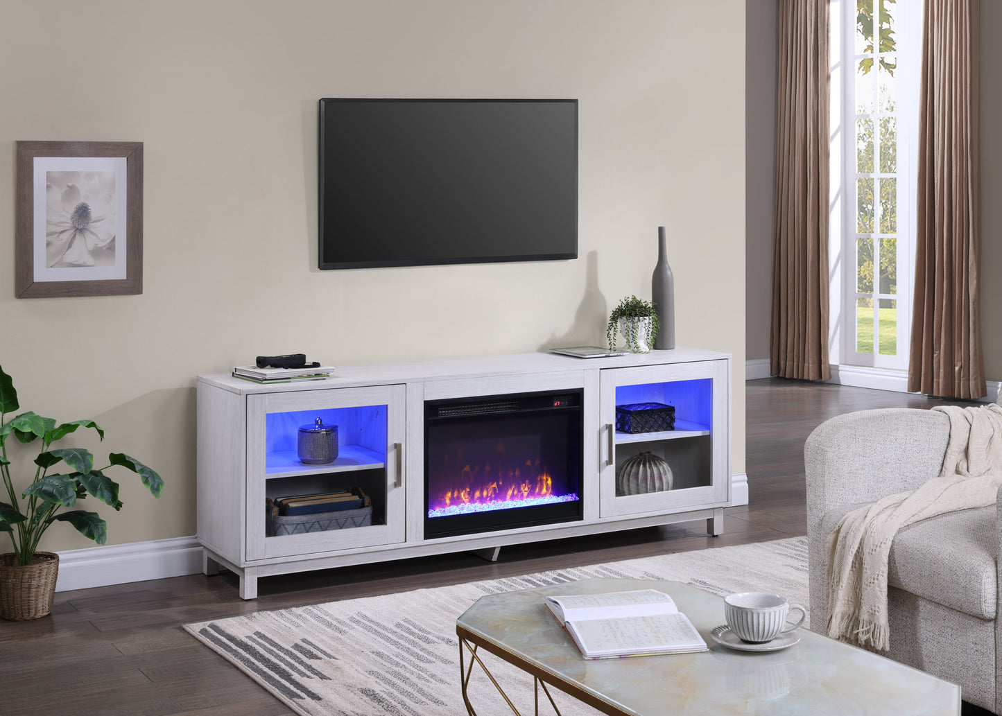 White Walnut MDF TV Stand Console with Heater and Storage for Living Room