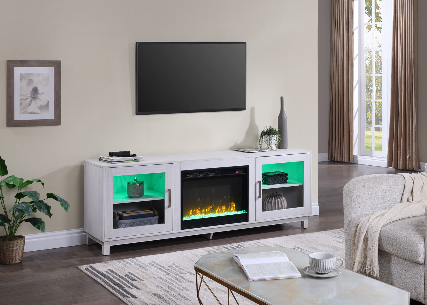 White Walnut MDF TV Stand Console with Heater and Storage for Living Room