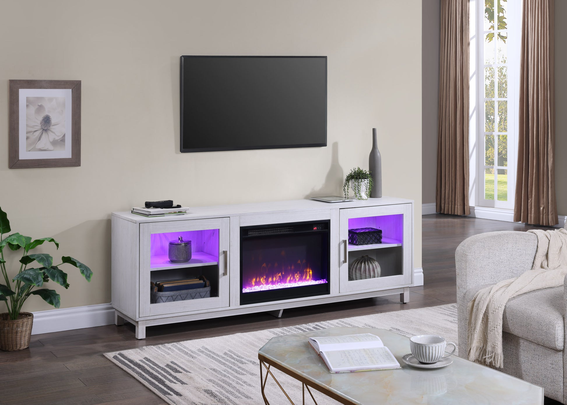 White Walnut MDF TV Stand Console with Heater and Storage for Living Room