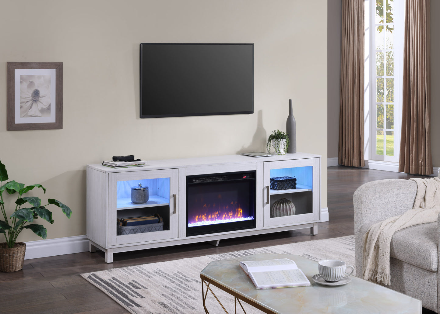 White Walnut MDF TV Stand Console with Heater and Storage for Living Room