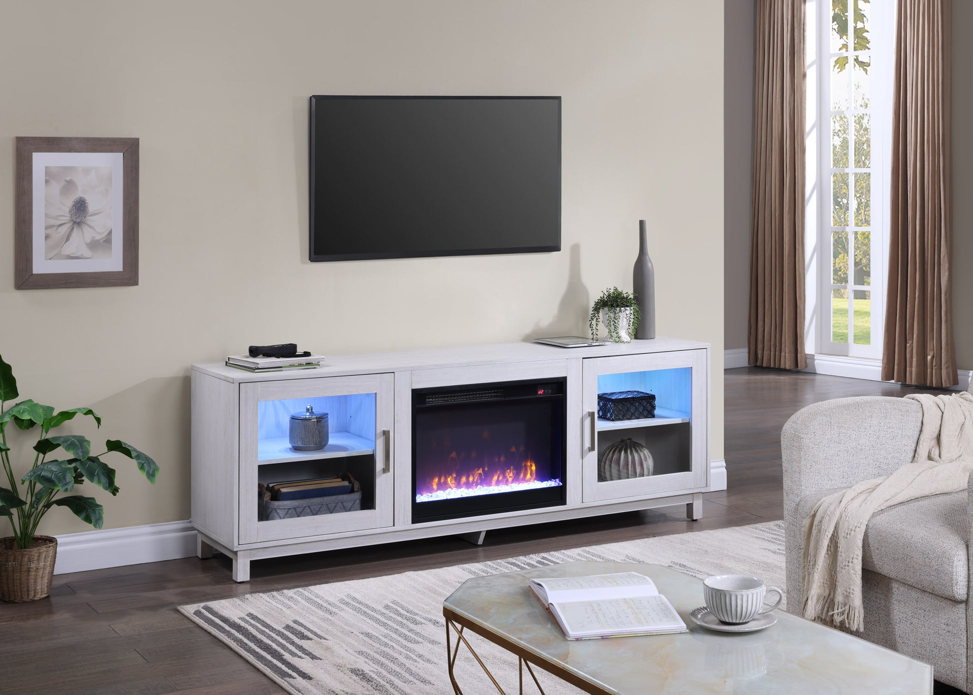 White Walnut MDF TV Stand Console with Heater and Storage for Living Room