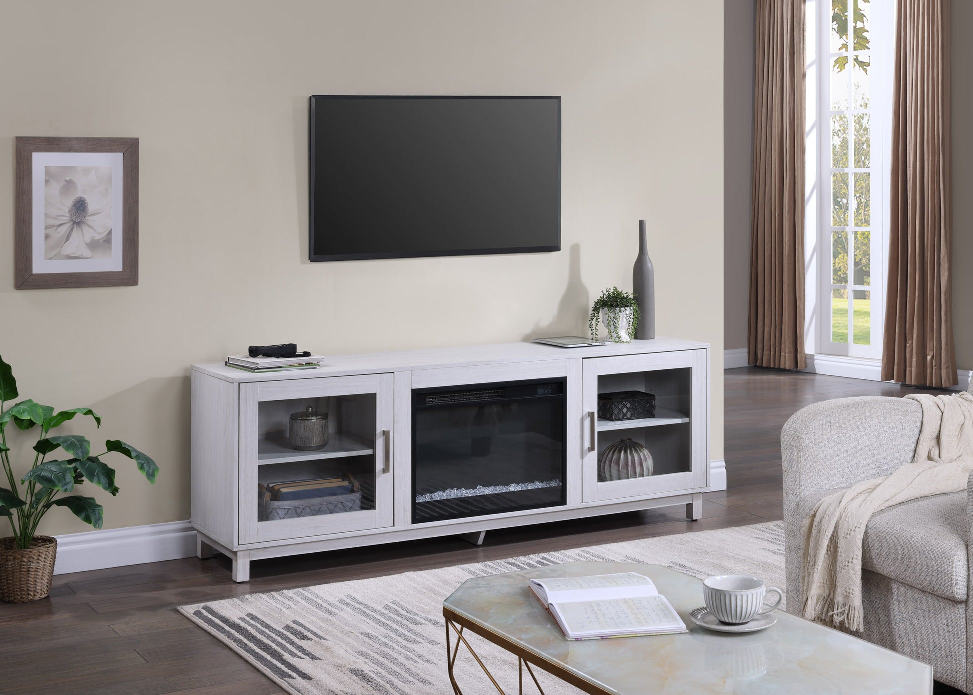 White Walnut MDF TV Stand Console with Heater and Storage for Living Room