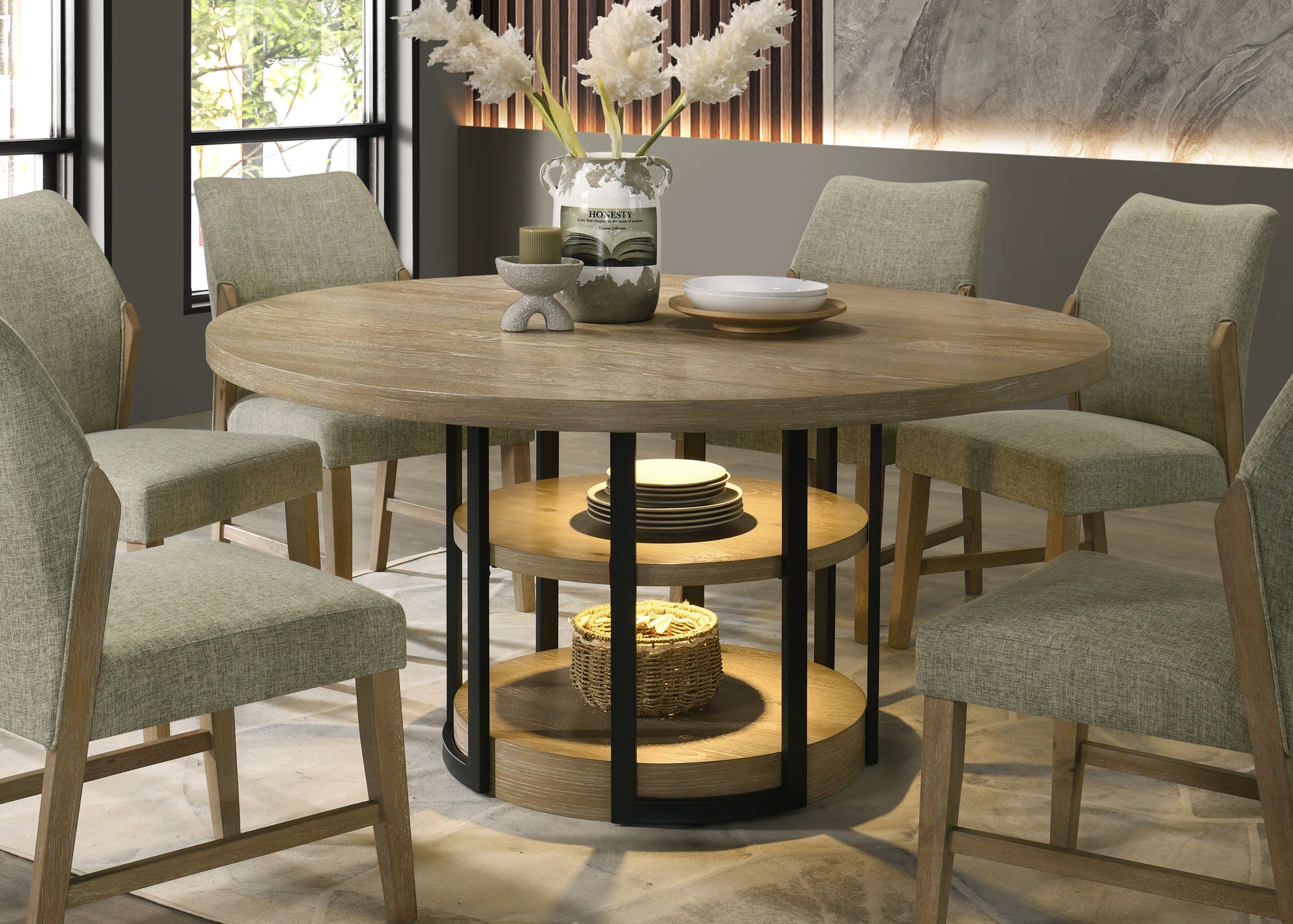 Round Oak Dining Table with LED Light for Dining Room Storage