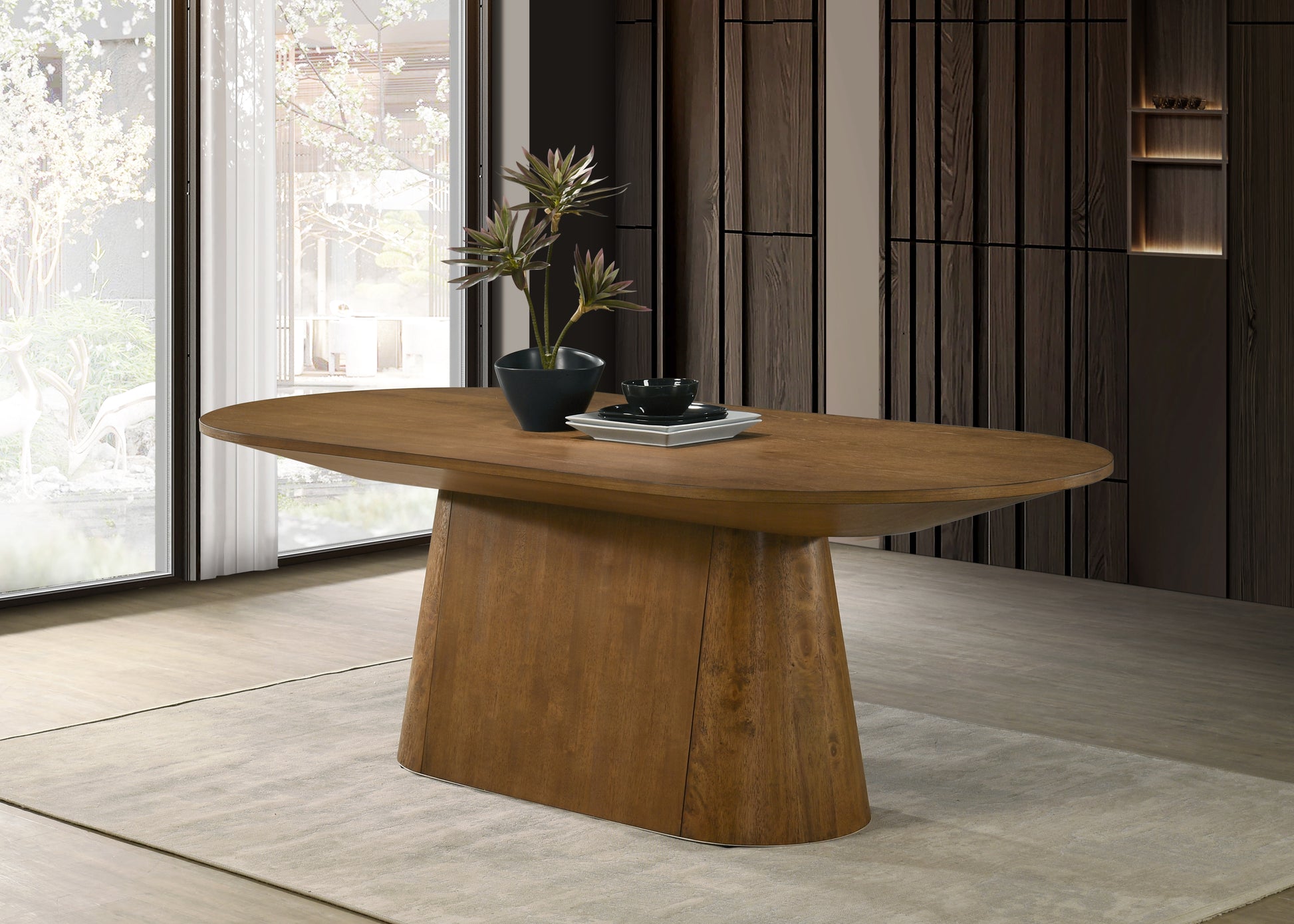 Andrew 88-inch Oval Dining Table, Walnut Finish – Modern Oval Wood Dining Table with Sculptural Pedestal Base, Seats 8