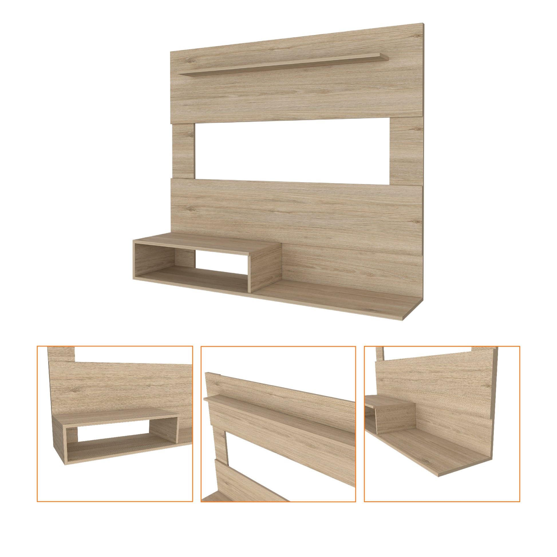3-Shelf Floating Entertainment Center - Light Pine Beige for Living Room