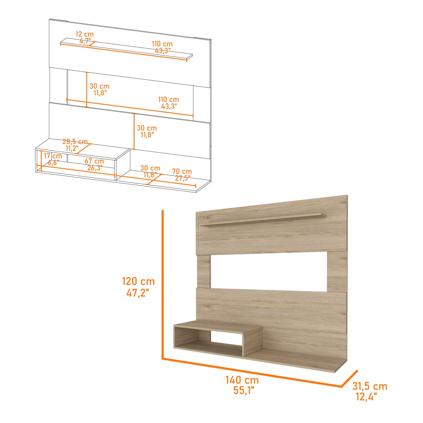 3-Shelf Floating Entertainment Center - Light Pine Beige for Living Room