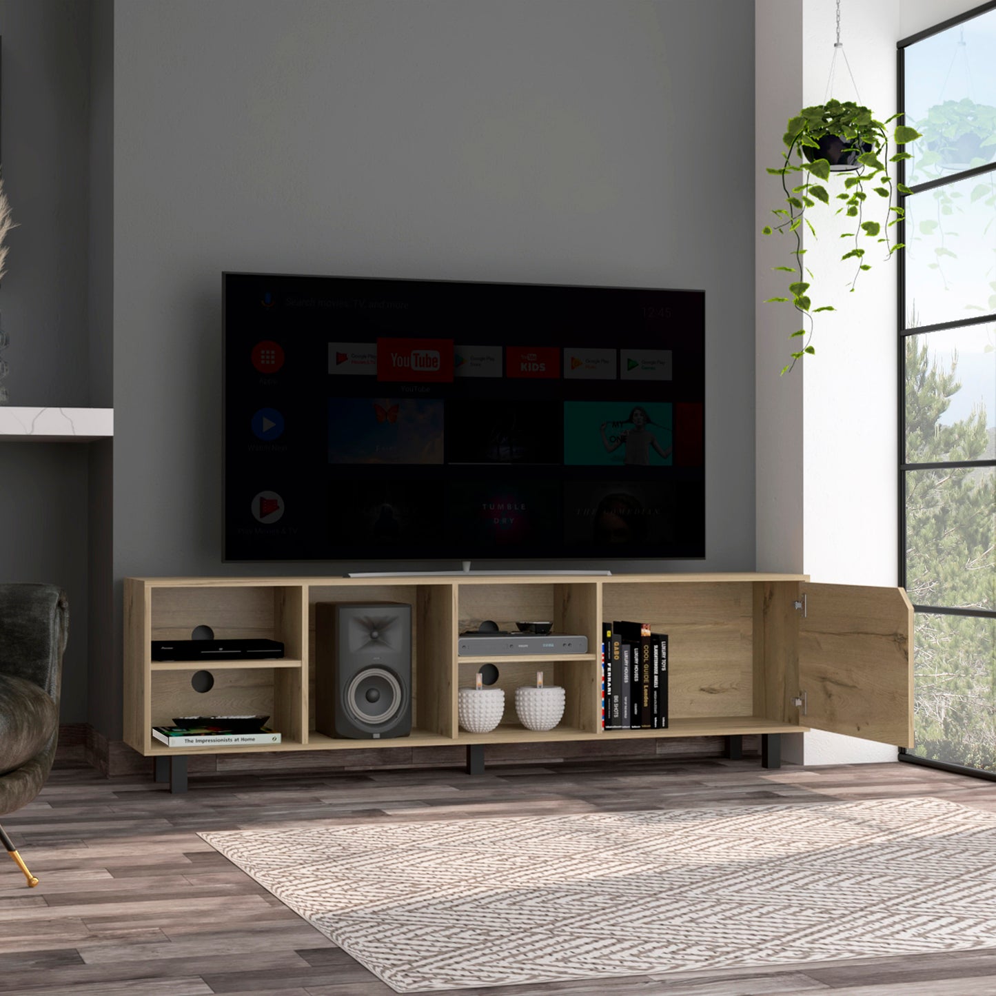 Living Room Light Oak Particle Board TV Stand with Open Shelves for Entertainment