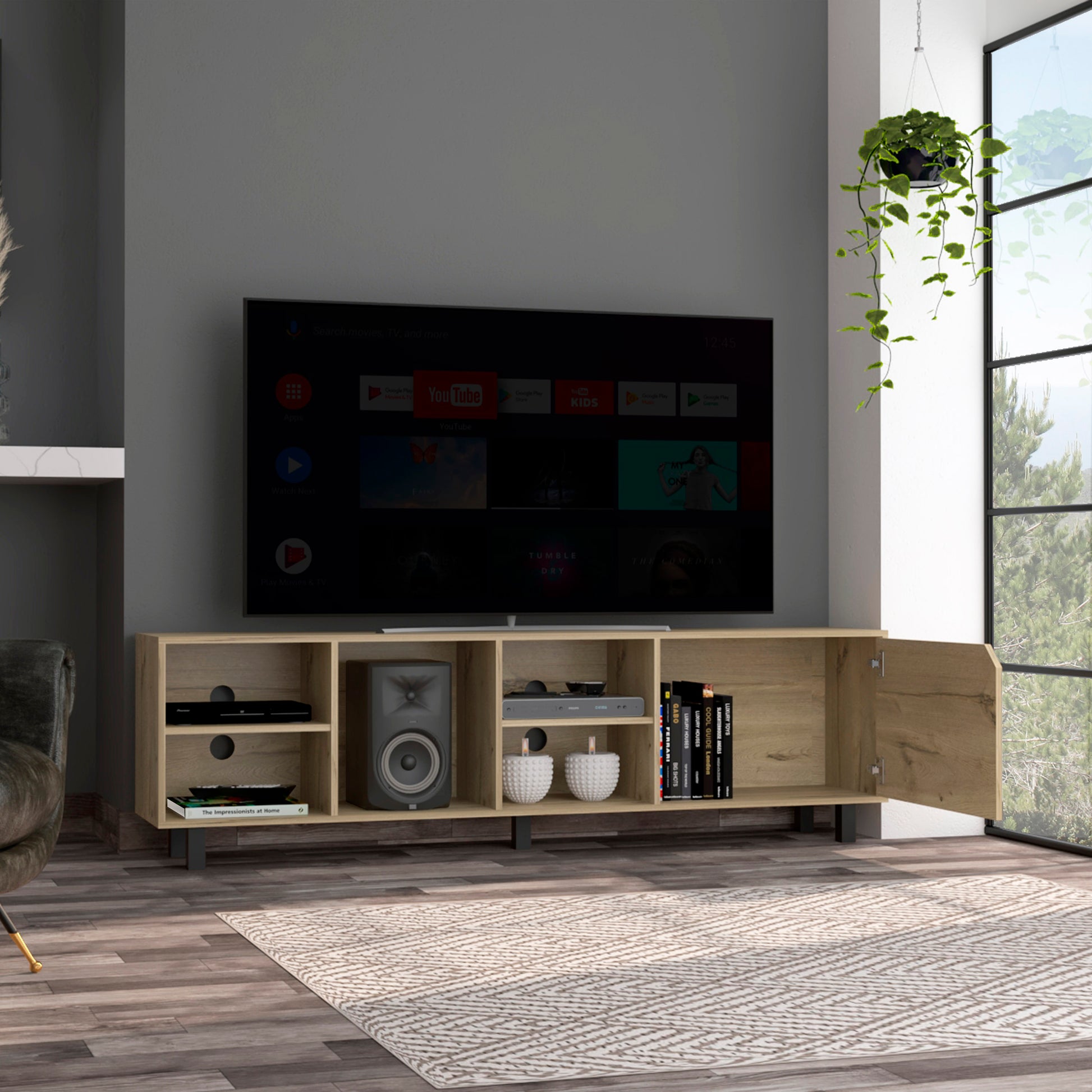 Living Room Light Oak Particle Board TV Stand with Open Shelves for Entertainment