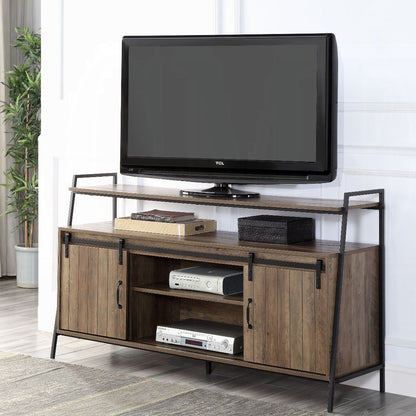 Rustic Oak and Black TV Stand with Sliding Barn Door