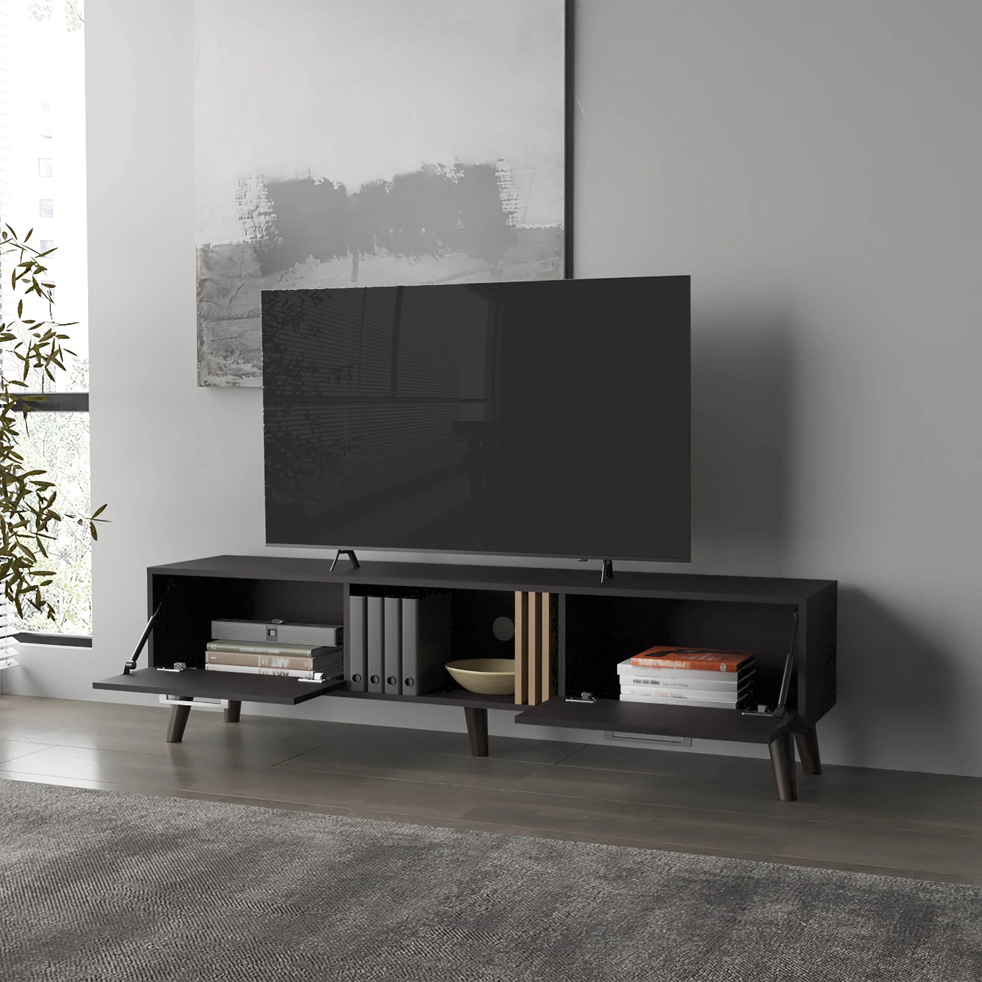 Wenge TV Stand with 2 Doors & Open Storage - 60-69" TVs for Living Room