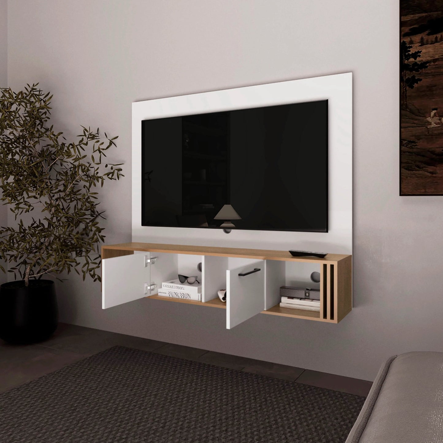 White & Natural Oak Entertainment Center - Multistorage TV Unit