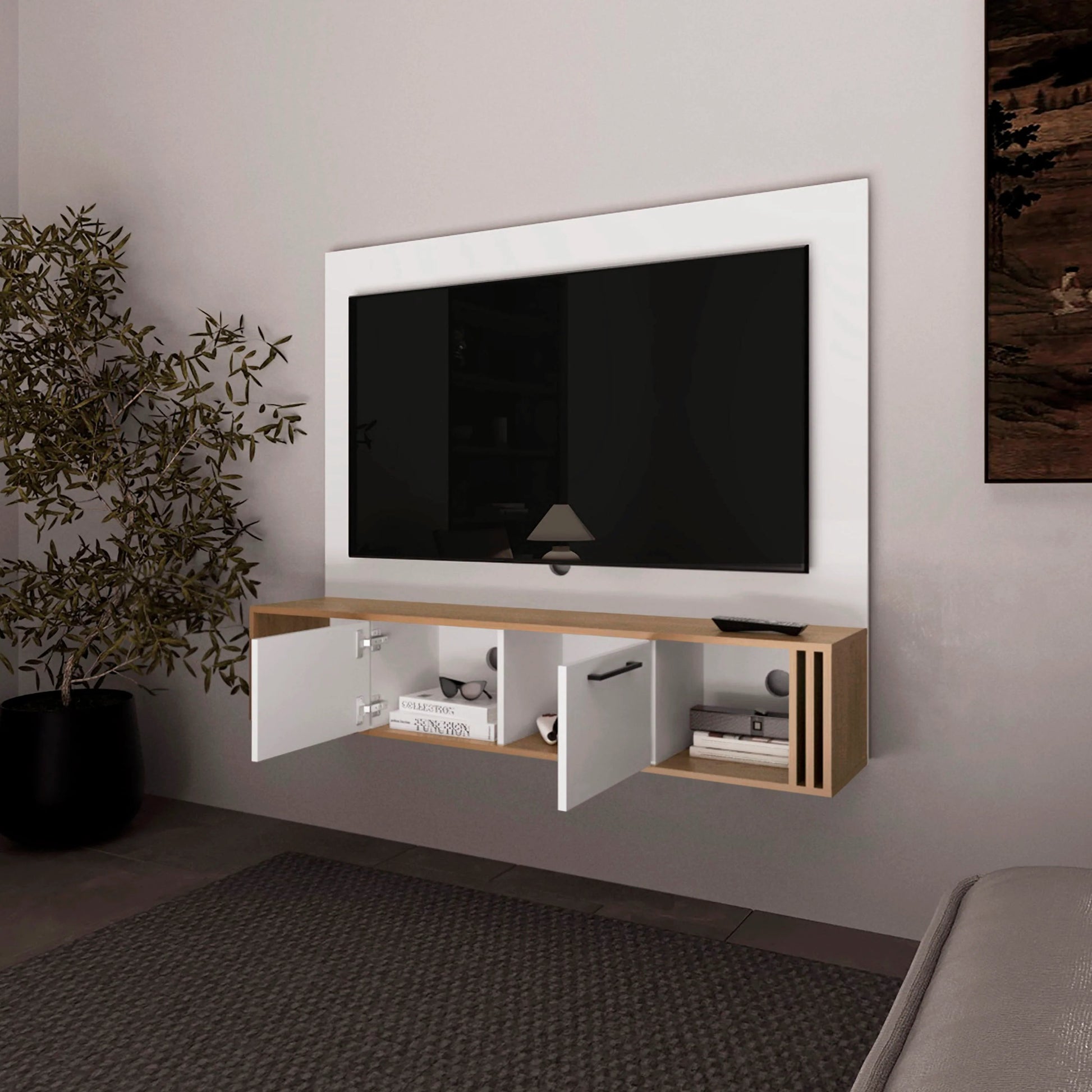 White & Natural Oak Entertainment Center - Multistorage TV Unit