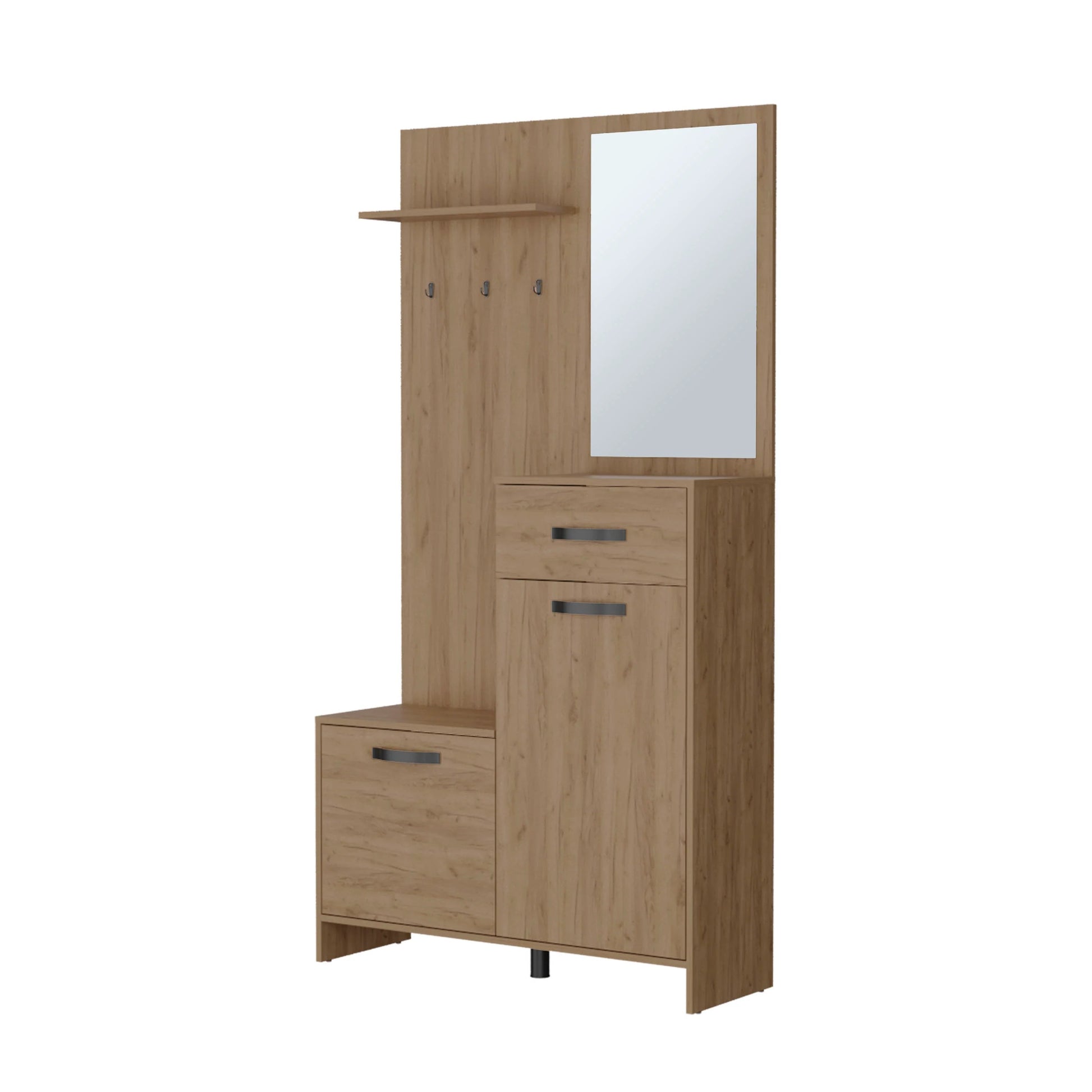 Natural Oak Hall Tree - Storage & Mirror Coat Rack