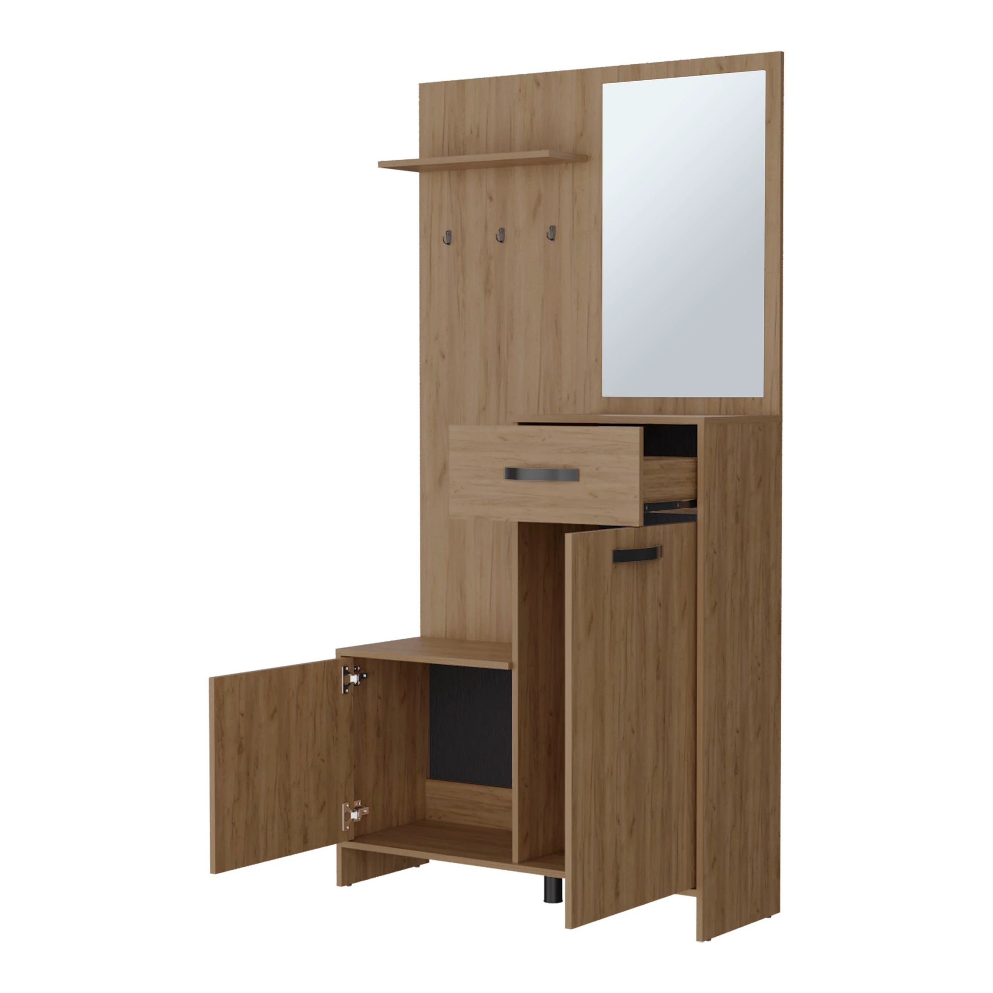 Natural Oak Hall Tree - Storage & Mirror Coat Rack