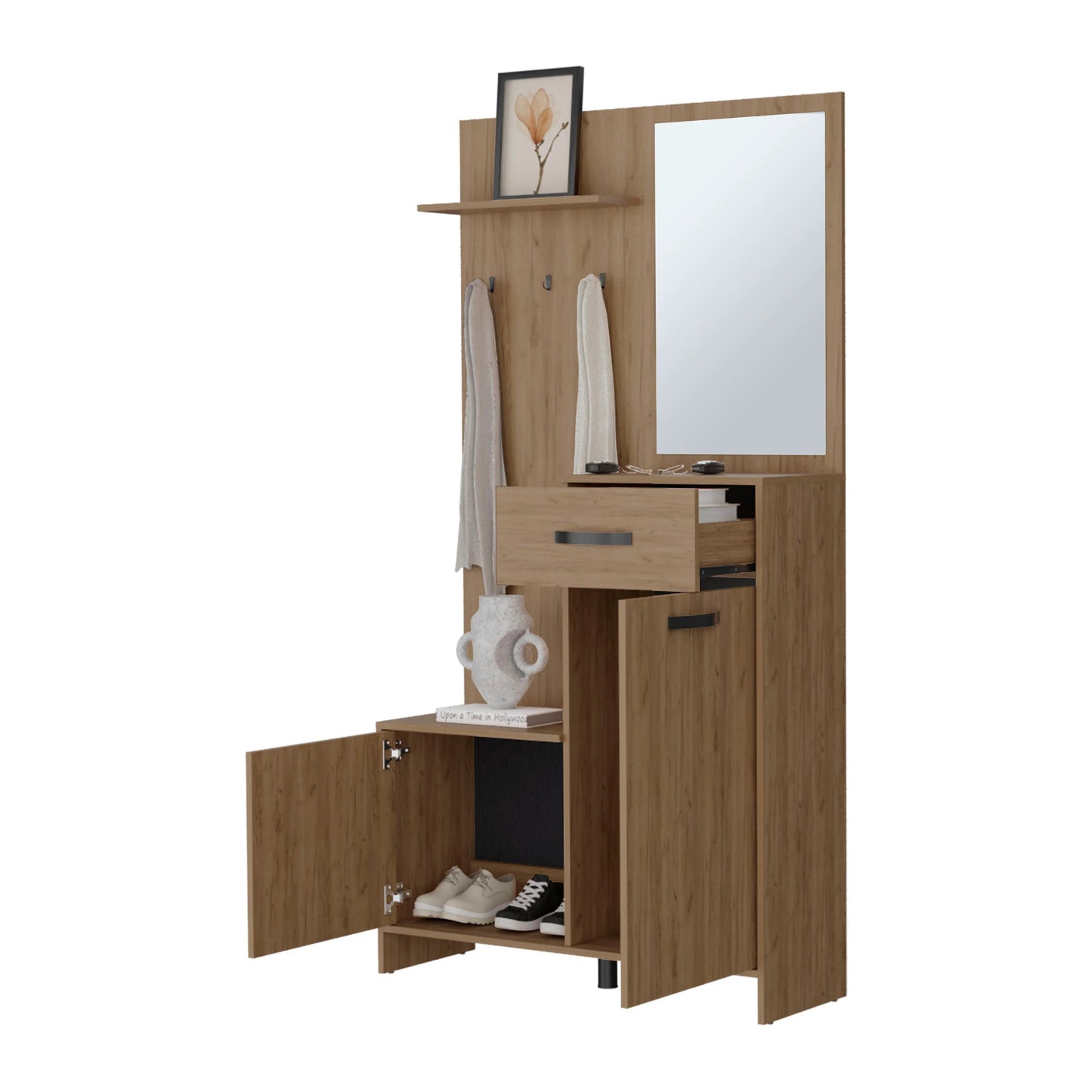 Natural Oak Hall Tree - Storage & Mirror Coat Rack
