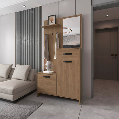 Natural Oak Hall Tree Multistorage with 1-Mirror and Adjustable Legs