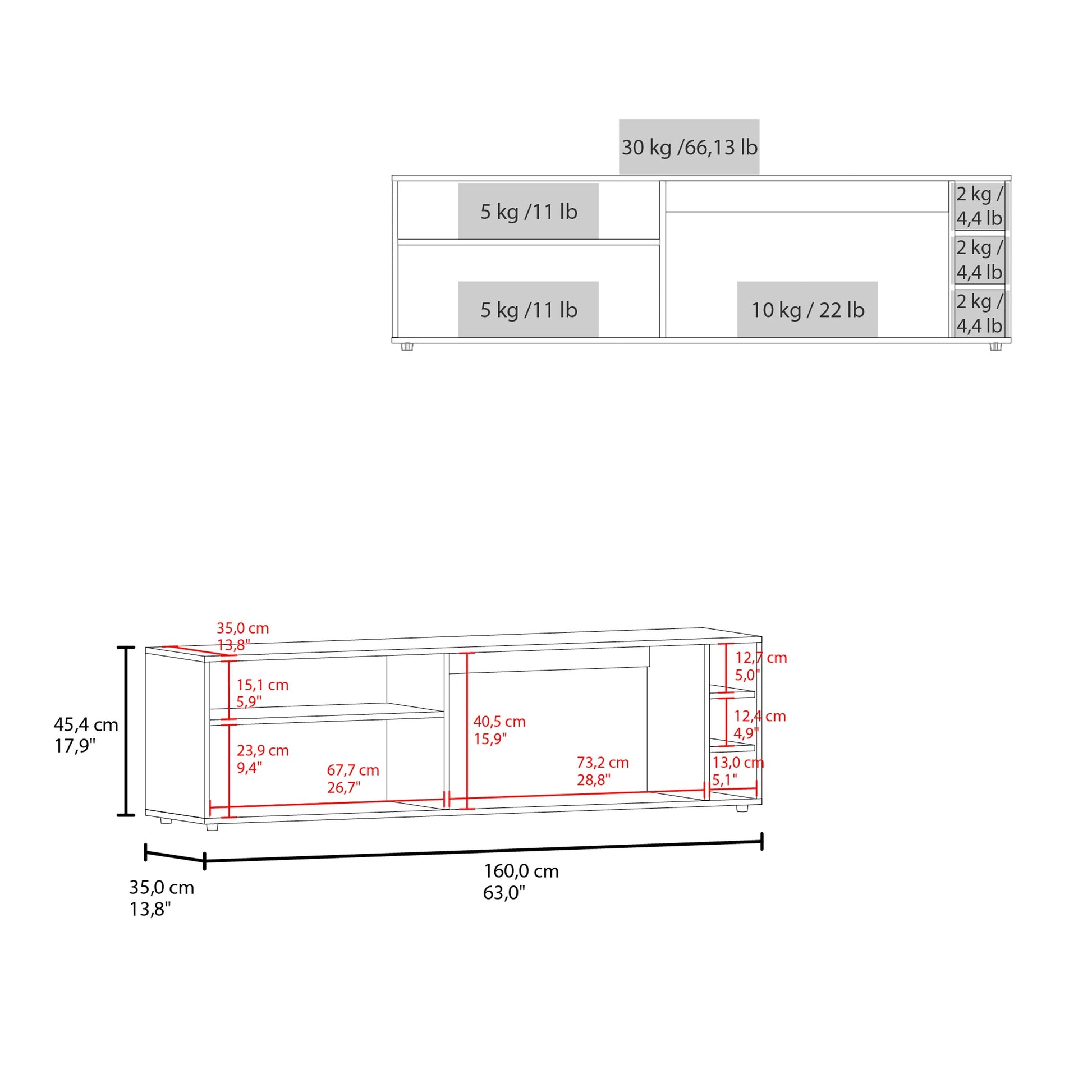 White TV Stand with Open Shelves - 60-70" Display