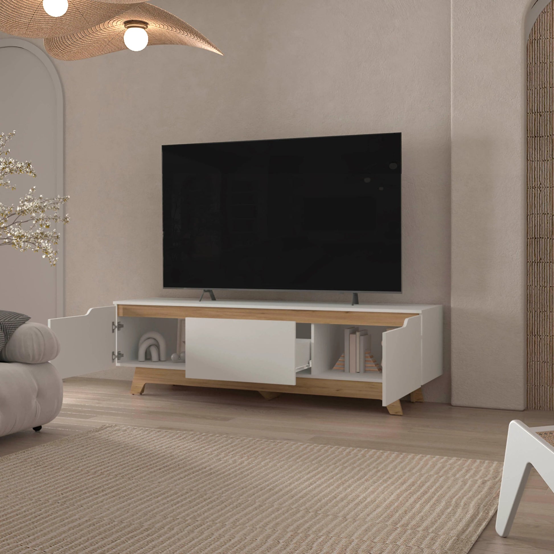 70-79 Inch White TV Stand with Storage Shelves